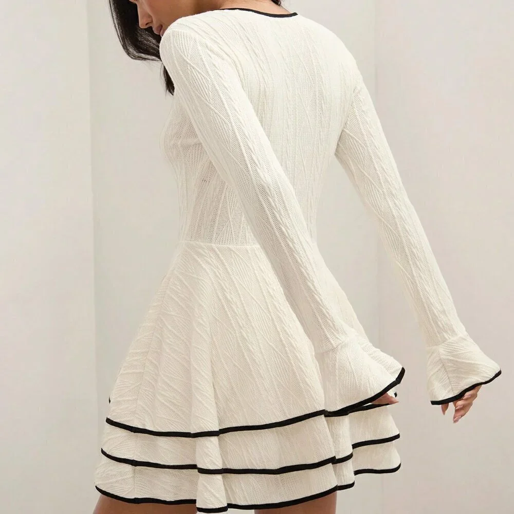 Multicolor Casual Women's Old Money Patchwork Trim Layered Hem Dress - Picture 2 of 6